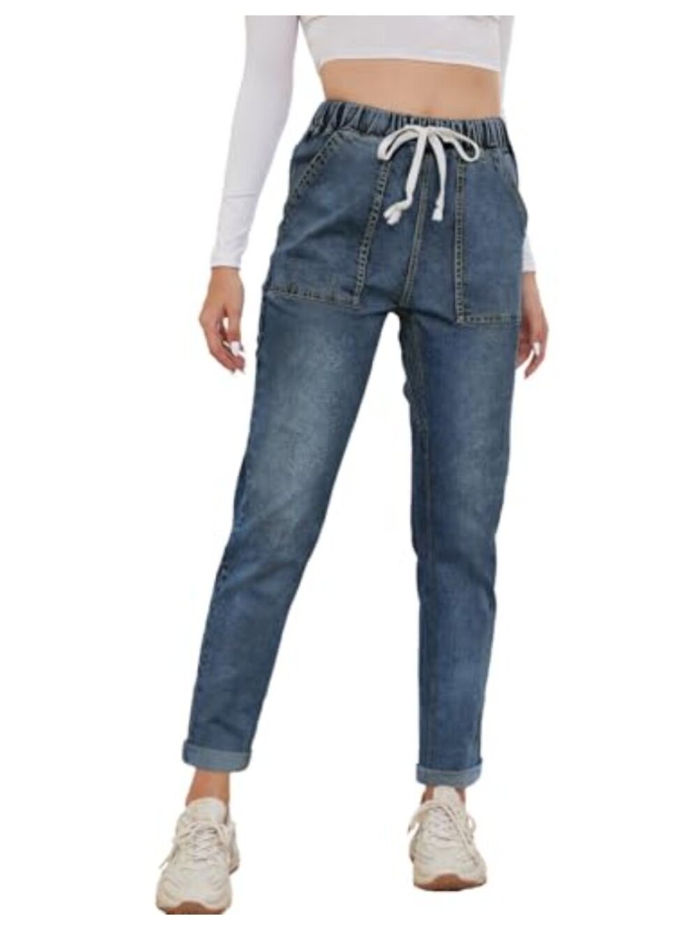 Women's High Waisted Pull-On Jeans Elastic Waist Denim Joggers with Drawstring